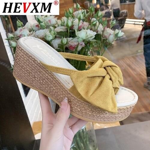 HEVXM 7.5cmSummer Women Wedge Slippers Platform Appliques Bow Beach Antiskid Female Sandals Clog Shoes Slides Women