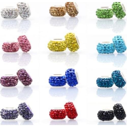 Mix 20 Color 14MM 50Pcs/lot Multi Resin Rhinestone Silver Plated Core Big Hole European Beads Fit Charm Bracelets k345