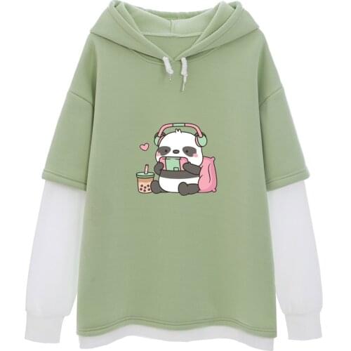 Cartoon Hoodies Loose Vintage Cute Panda Graphic Sweatshirt Women Harajuku Patchwork Fake Two Pieces Thermal Color Block Female