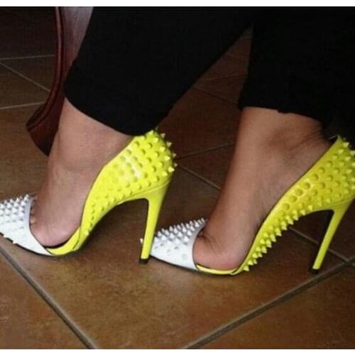Carpaton White Yellow Rivets Studded High Heel Shoes Sexy Pointed Toe Thin Heels Woman Pumps Cutouts Slip on Stiletto Heels
