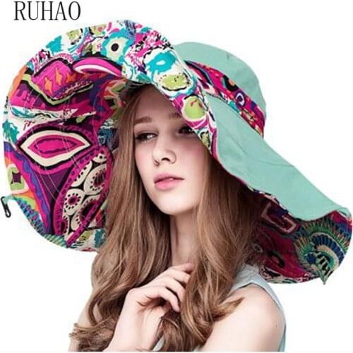 RUHAO Summer Womens Sun Hat Fashion Print Beach Hat Foldable Casual Sun Visor wide brim floppy hat