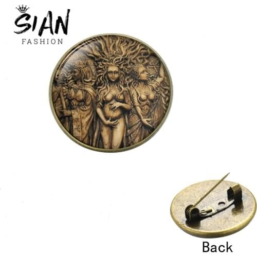 SIAN Statue of Triple Moon Goddess Pins Button Vintage Tree of Life Moon Wicca Brooches Lapel Pin Amulet Bag Clothes Accessories