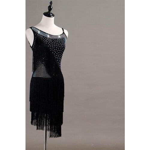 Women Hollow Back Black Long Tassel Shiny Rhinestone Latin Dance Sexy Black Latin Dance Adult Modern Dance Tango Waltz Dinner