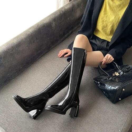 Round Toe Womens Office Boots 2021 Fall Winter Knee High Heels Wide Leg Side Zipper Newest Slim Long Shoes Woman