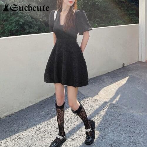 SUCHCUTE Gothic Women Dress Summer Harajuku Vintage Print V Neck Skinny Party Dresses Short Sleeve Aesthetic Streetwear Outfits