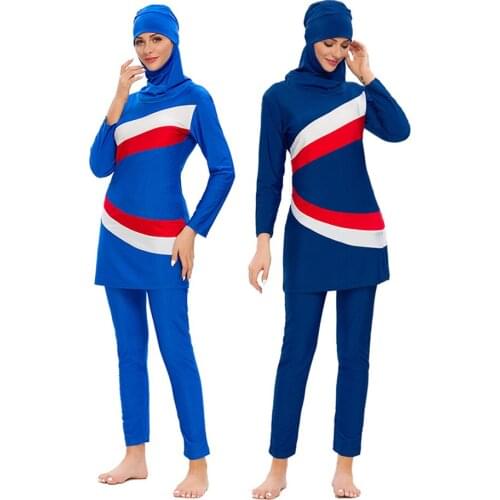 4XL Muslimah Swimsuit 2020 New Burkini Long Sleeve Swim Beach Surf Wear Sport Burkinis Islamic Swimwear Patchwork Color Muslim