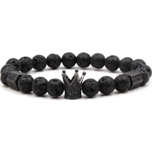 8mm Trendy 7 styles Stone Beads Bracelet Pave CZ black Crown Handmade Bracelets bangle for Women and Men charm DIY Jewelry gifts
