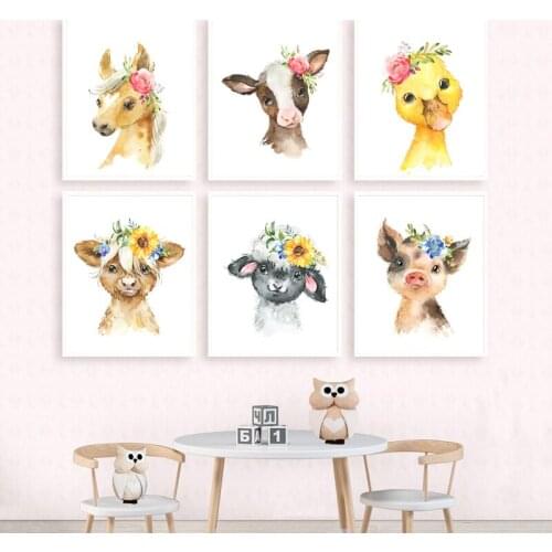 Watercolor Cute Farm Animals Floral Duck Sheep Painting Canvas Prints Nursery Wall Art Pictures Nordic Posters Baby Room Decor