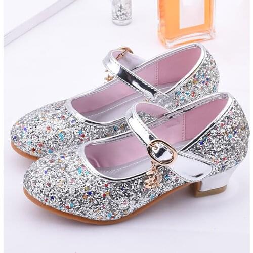 Children Princess Shoes Dance Sandals Kids Girls Pearl High Heel Crystal Bling Glitter Bowknot Single Princess Leather Shoes