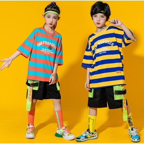 Kids Carnival Outfits Clothing Stripe Tshirt Streetwear Cargo Shorts For Girl Boys Jazz Hip Hop Dance Wear Costume Clothes