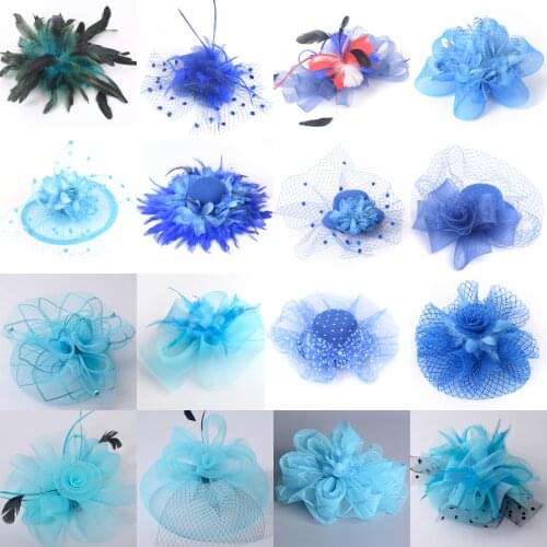 Women Party Wedding Derby Blue Handamde Feather Fascinators Hat Hair Clip Veil Lace Flower Beads Accessory