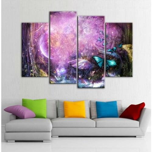 Fantasy Forest Butterfly 4 Panel Wall Art Painting Picture Print On Canvas Pictures for Home Decor Decoration
