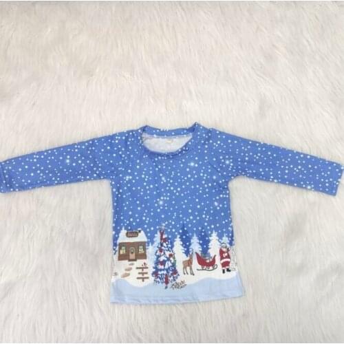 Wholesale/retail christmas style t shirt baby boys girls long sleeve blue tops kid boutique childrens clothing gxj