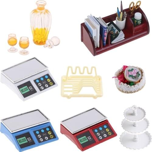 1:12 Dollhouse Bookshelf Dish Shelves Fruit Desserts Snack Rack Stand Cola Food Scene Model Sewing Scissors Thread Furniture Toy