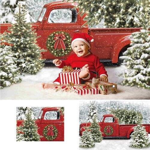 Red Truck Background Winter Forest Snow Tree Background Christmas Wreath Baby Birthday Party Decoration Portrait Photo Studio