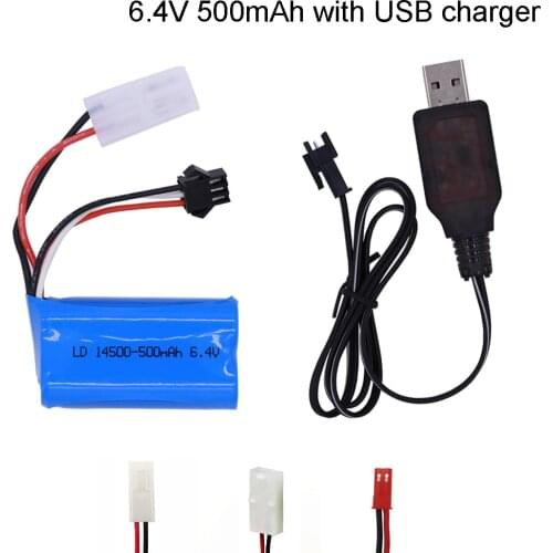 6.4v 500mAh Li-ion Battery with USB Charger For Wltoys 18401 18402 RC Vehicle 6.4v 14500 Battery For RC toys Cars Boats