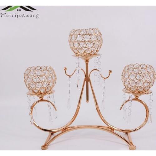 Metal Gold Candle Holders 3-Arms With Crystals 54CMx40CM Stand Pillar Candlesticks For Wedding Candle Holder Candelabra 02403