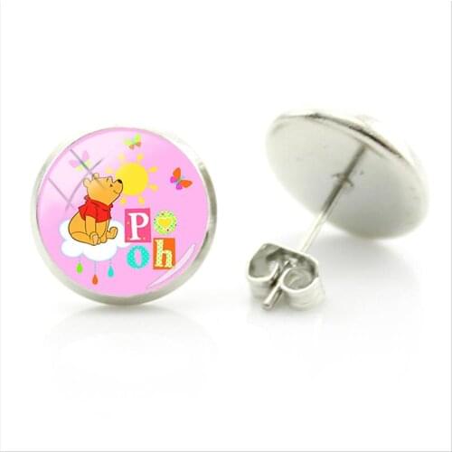 Disney Fashion Simple Style Earrings Winnie The Pooh Picture Earrings Glass Cabochon Jewelry Gifts For Women