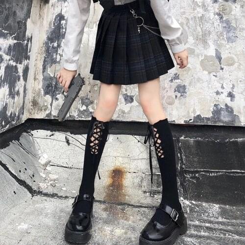 Women Socks Japanese Lolita Harajuku White Cross Strap Hollow Out Ladies Calf Socks College Wind Black JK Ladies Pile Socks