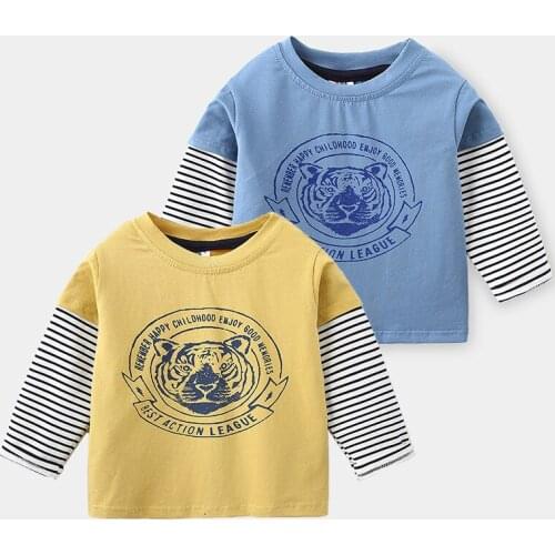 2020 Autumn Baby Boy Tshirt Kids Fashion Patchword Striped Sleeve Tigger Print Fake Two Tops For Boy Children Clothes Tshirt New