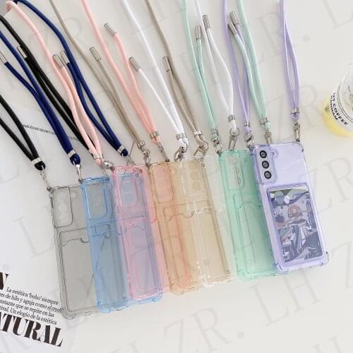 Lanyard Necklace Wallet Card Slots Holder Case For Samsung Galaxy S20FE S21 Ultra A52 A72 A32 A12 A82 Strap Clear Soft TPU Cover