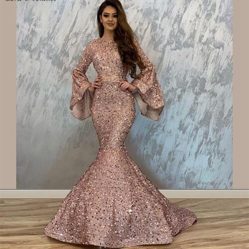 Latest Design Green Mermaid Luxury Evening Dress 2020 Dubai Sequined Long Sleeves Sparkle Formal Party Gown LE40734