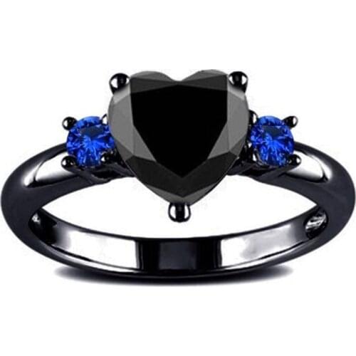 Luxury Female Black Crystal Stone Ring Vintage 10KT Black Gold Thin Engagement Rings For Women Punk Love Heart Wedding Band Ring