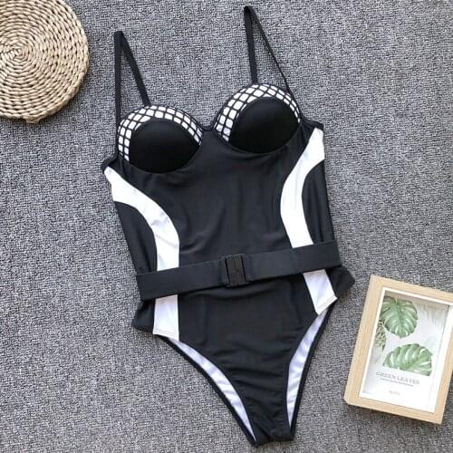 Sexy 2021 Bra cup Push Up One Piece Swimsuit Women Black mesh Swimwear Female Monokini Waist Belt Bathing Suit Swim Bodysuit