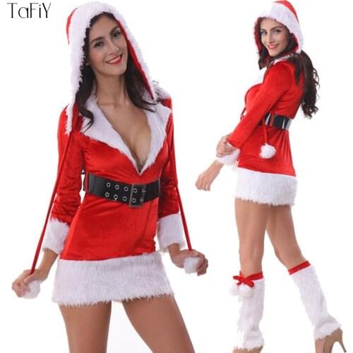 TaFiY 4pcs Sexy Christmas Costumes For Women Long Sleeve Red Fancy Dress Xmas Party Adult Women Santa Cosplay Costume One Size