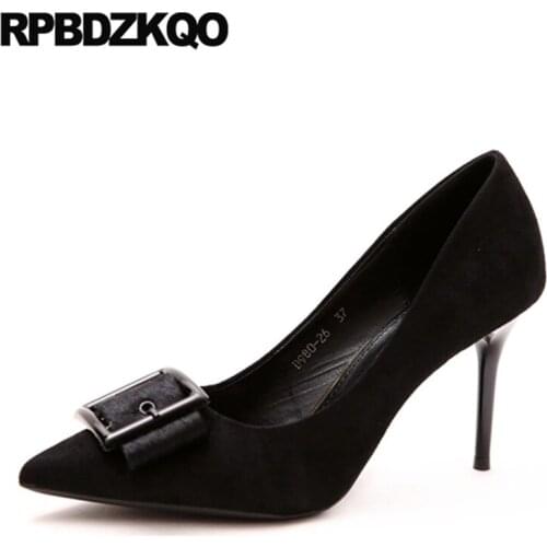 Prom Brand Women Shoes 2018 Size 4 34 Pumps Party Suede Black Metal Super Dress Pointed Toe Thin Ultra Extreme Ladies High Heels