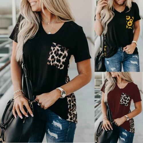 Plus V-neck T-shirt Leopard Pocket Tee Women Summer Short Sleeve Fashion Tops Tee Summer Loose Plus Size T-shirt