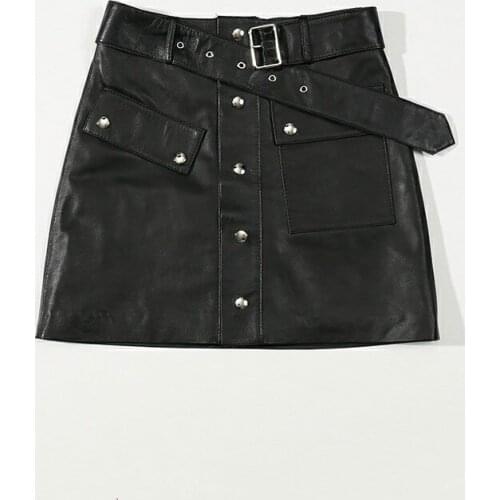 2020 spring new Women Black Skirts Genuine Leather High Waist Rivet Belt Decoration Slim Fit Ladies Short Skirts Real Sheepskin