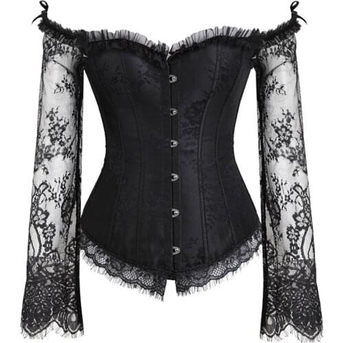 Women Sexy Off-Shoulder Sleeves Lace Embroidered Corset Blouse Victorian Vintage Floral Elegant Slim Corset Bustier Lingerie Top