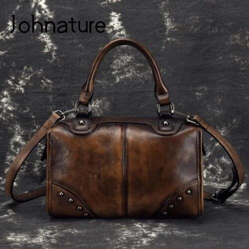 Johnature Vintage Handbag 2021 New Genuine Leather Women Bag Leisure Large Capacity First Layer Cowhide Female Shoulder Bags