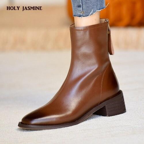 Women 2021 autumn and winter new British wind square head boots thick with high heels ladies back zipper Simple fashion boots