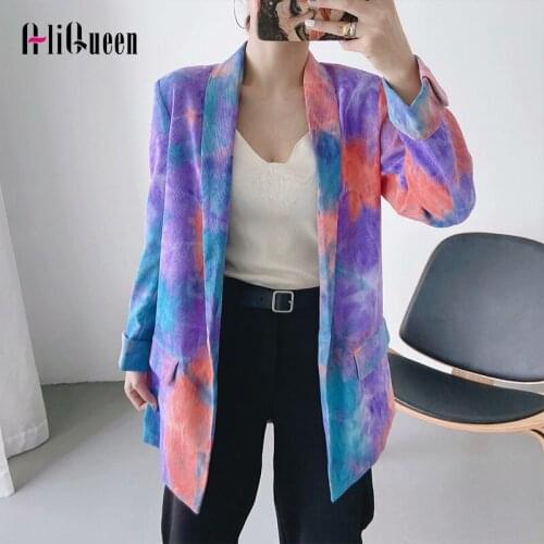 2020 Autumn Women Streetwear Blazer Coat Ladies Purple Tie-dye Printed Blazer Jacket Outwear Female Single Button Loose Coats
