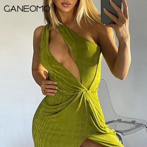 Elegant One Shoulder Side Split Dress Party Evening Maxi Dresses for Women Summer Tight Slit Cut Out Backless Long Dress Green