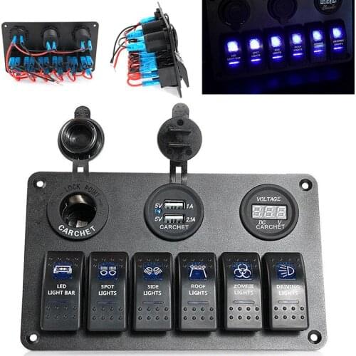 1set 6 Gang Car Marine Boat LED Rocker Switch Panel Circuit Breaker+2 USB+Voltmeter