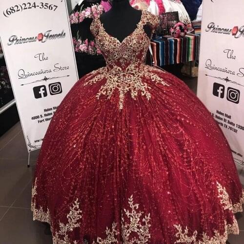 Glittery Ball Gown Quinceanera Dresses Cap Sleeve Gold Floral Applique v-neck lace-up corset back vestidos para quinceaños gown