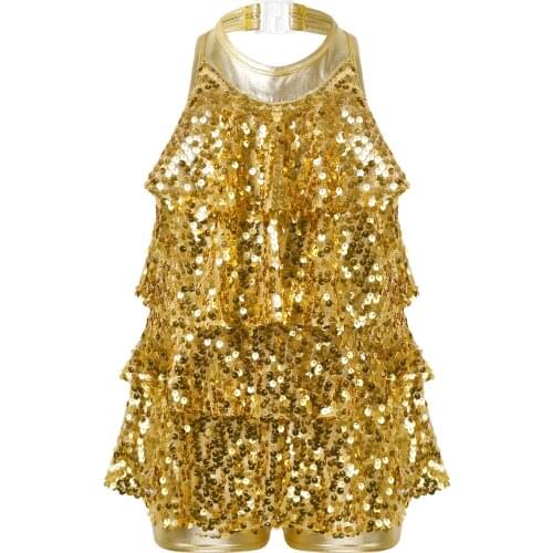 Kids Girls Children Summer Dancewear Halter Shiny Sequins Ballet Dance Shorty Unitard Dress Modern Jazz Latin Dancing Costumes