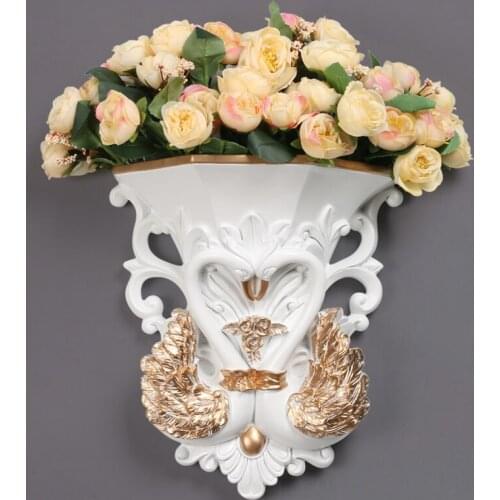 European Wall Hanging Resin Vase+Artificial Flower Decoration Creative Wall Background Couple Swan Mural Accessories Craft Decor