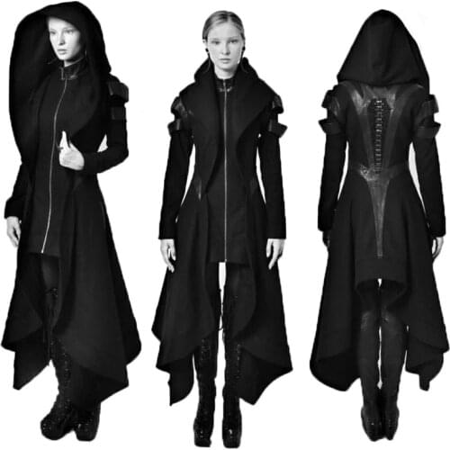 Halloween Cosplay Steampunk Assassin Elves Pirate Costume Adult Women Black Long Hooded Jacket Gothic Armor Leather Coats 5XL
