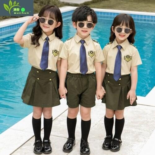 British Style Children Camp Training Army Suit Boys Girls Military Uniforms Summer T-shirt+shorts/skirt Tactical Set 2pcs