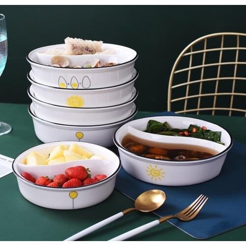 Creative ceramic latticed bowl household soup bowl double grid noodle bowl fruit salad bowl mandarin duck Taiji bowl special for