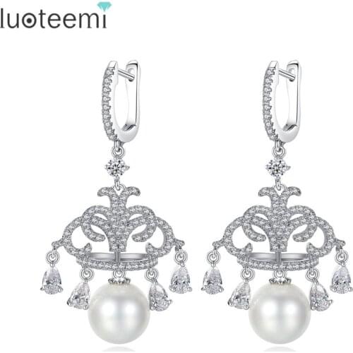 LUOTEEMI New Delicate Drop Earrings Inly Tiny Shining Clear CZ with Single Imitation Pearl Ear Hook for Women Party Wedding