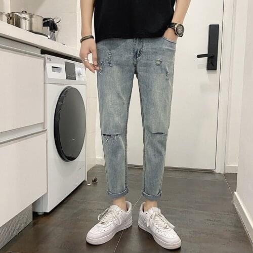 Summer 2021 Vintage Mens Wash Korean Japanese Style Holes Blue Jeans Ankle-Length Pants for Teenagers Casual Straight-leg Jeans