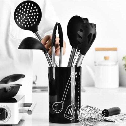 9Pcs Silicone Kitchen Utensil Set Spatula Shovel Spoon Soup Ladle Tong With Storage Box Stainless Steel Handle Cooking Tools Set