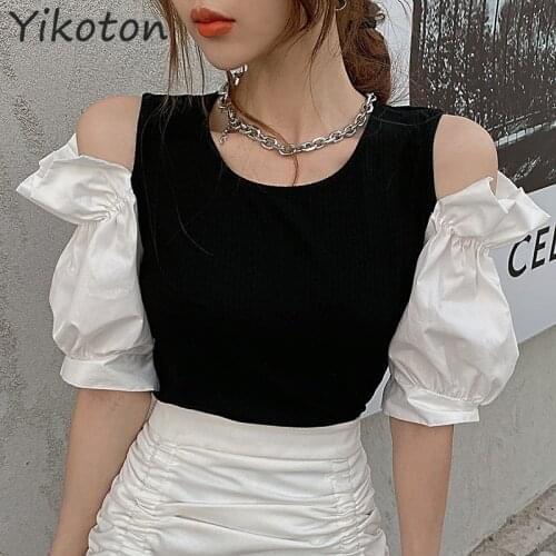 2021 New Summer Clothes For Women Puff Sleeve T-Shirts Female Basic Patchwork Ladies Clothing Kawaii O-Neck Shirt Tops Fashion
