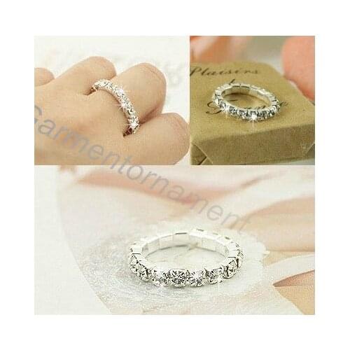 3colors silver plated single row cup chain rhinestone crystal pronged bling stretch finger ring