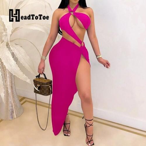 Solid Hallow Out Sexy Bench Style 2 Piece Set Women Sleeveless Halter Ankle Length Bodysuit Woman Skirts Two Piece Set Women
